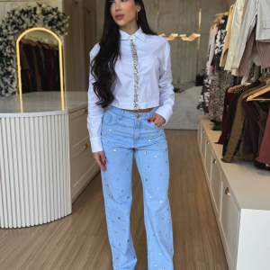 CALÇA WIDE LEG PEDRARIA JEANS CLARA